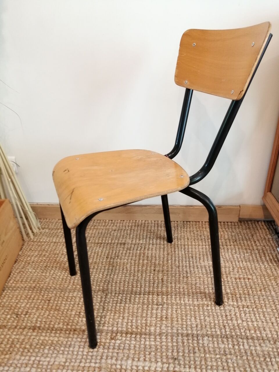 Series of 4 wooden and metal school chairs