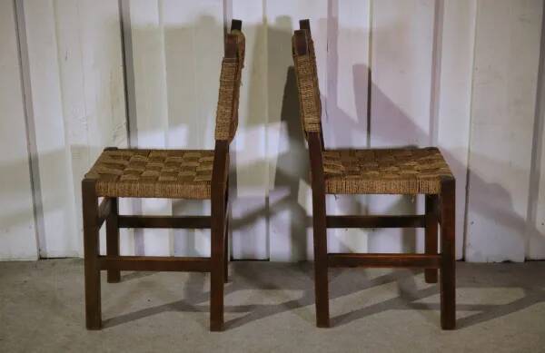 Pair of Brutalist chairs with braided rope seats, 1950s