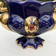 Cobalt blue vase urn planter gold-plated vintage Italy