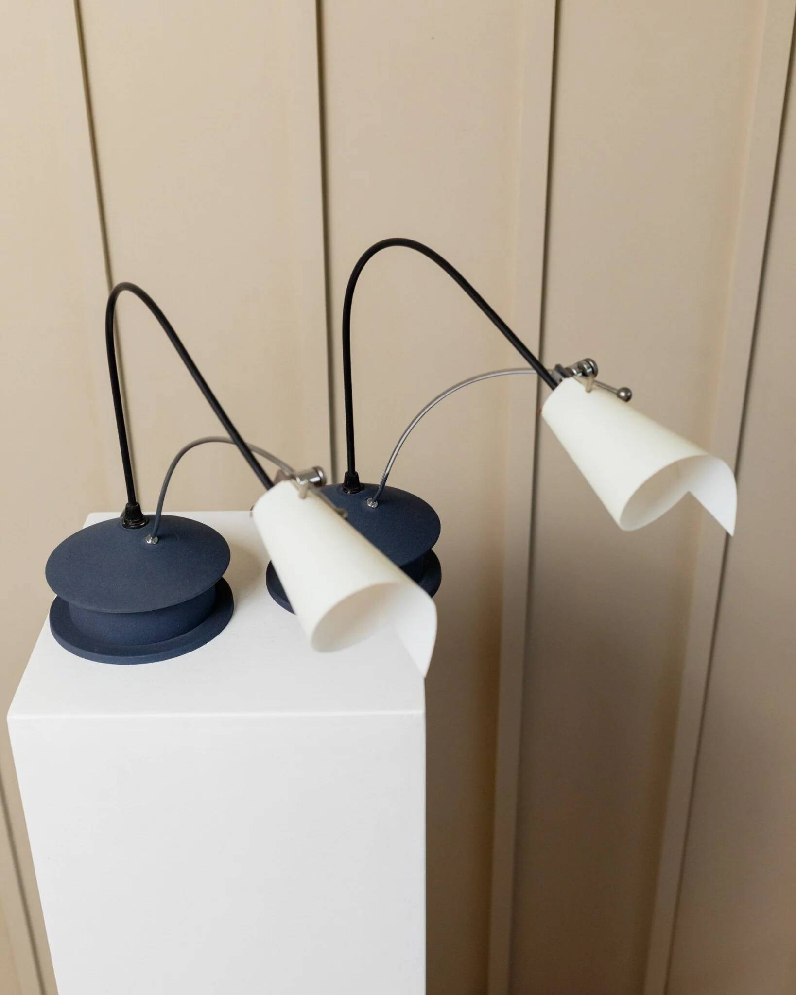 Vintage blue metal table lamp with adjustable chrome neck and white plastic origami shade, 1980s Italy