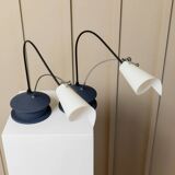 Vintage blue metal table lamp with adjustable chrome neck and white plastic origami shade, 1980s Italy