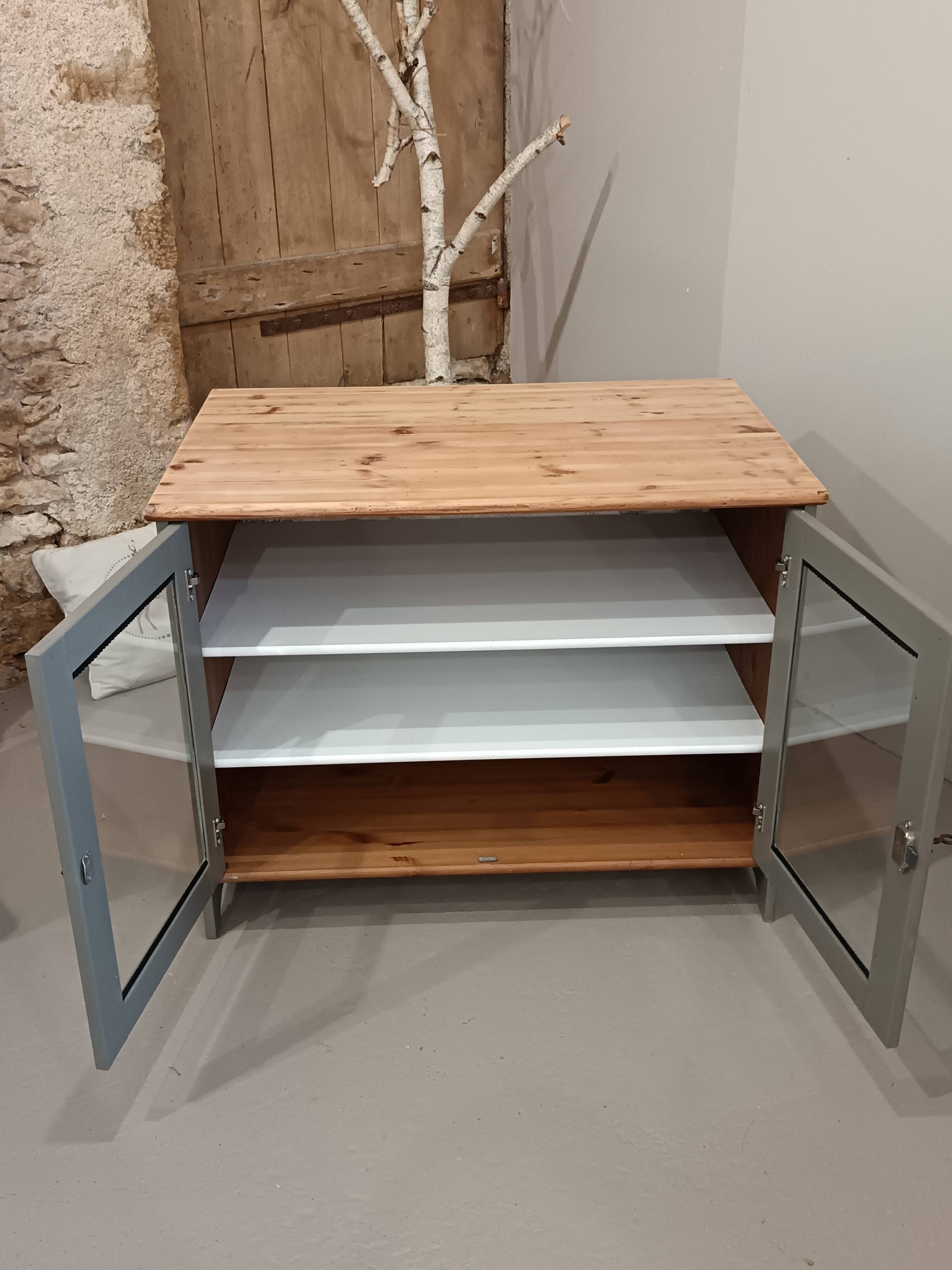 Glass sideboard with wooden top