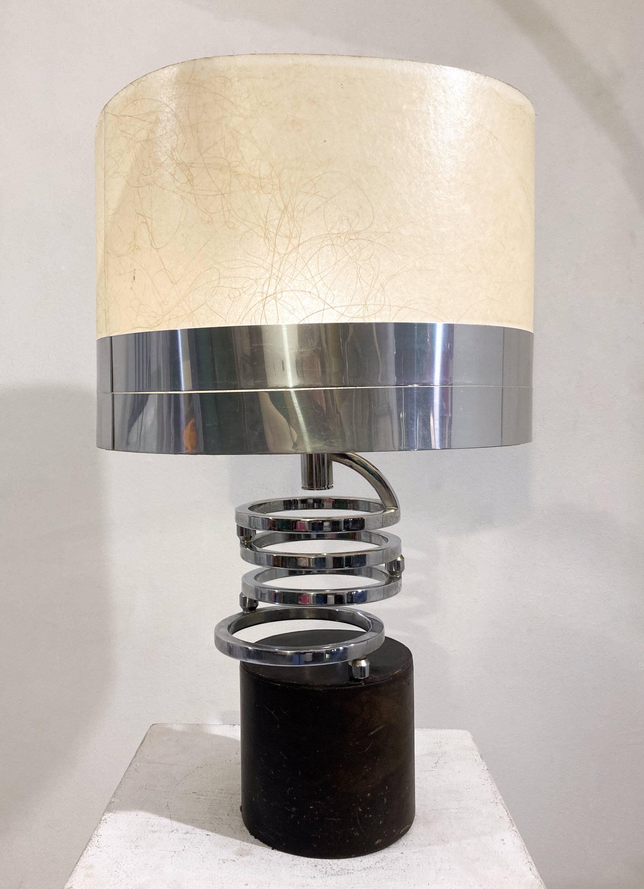 Table lamp in metal and leather, mid-20th century