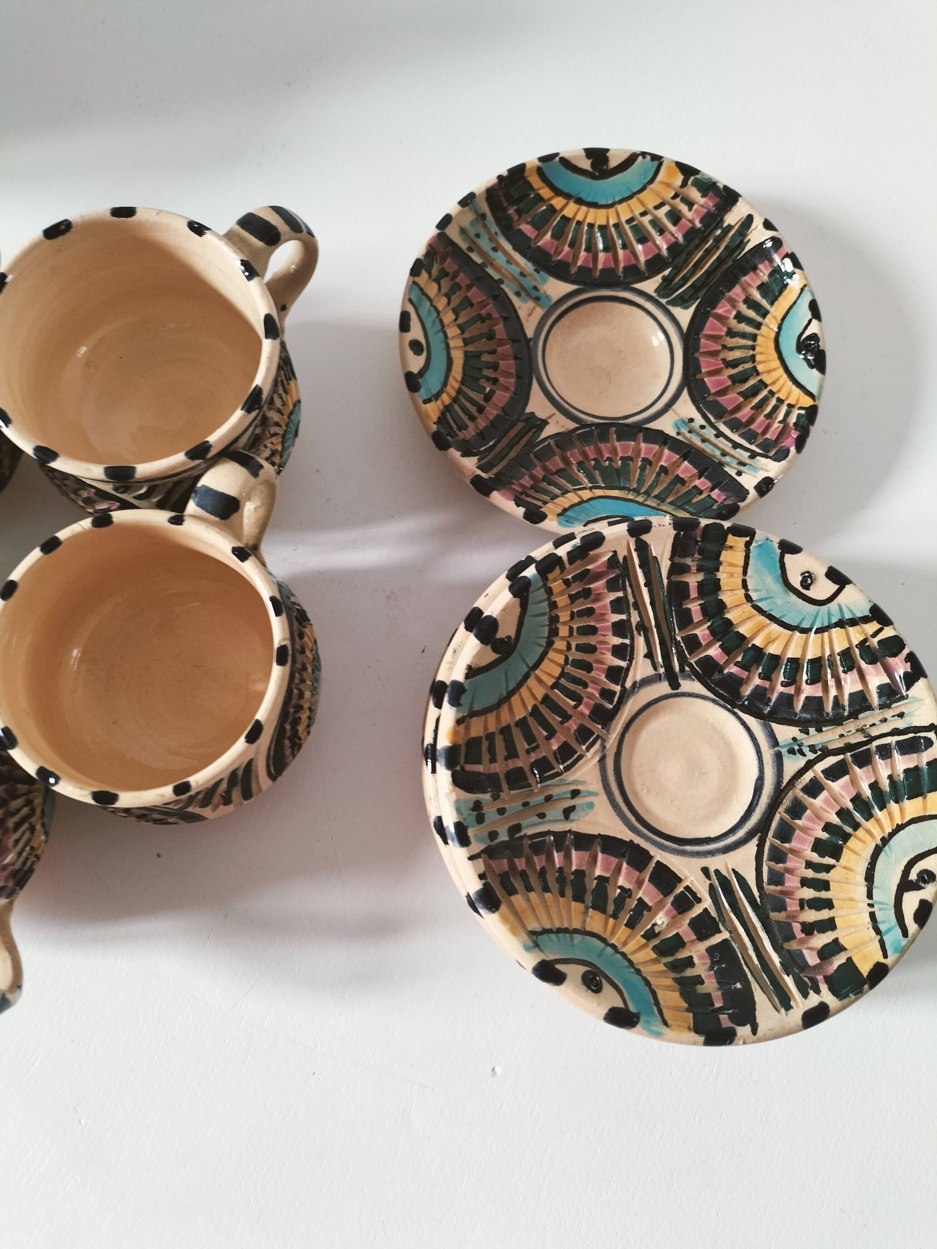Vintage Moroccan tea set, teapot and 6 cups and saucers