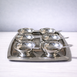 Set of 6 vintage stainless steel ice cream bowls + tray + spoons in inox.