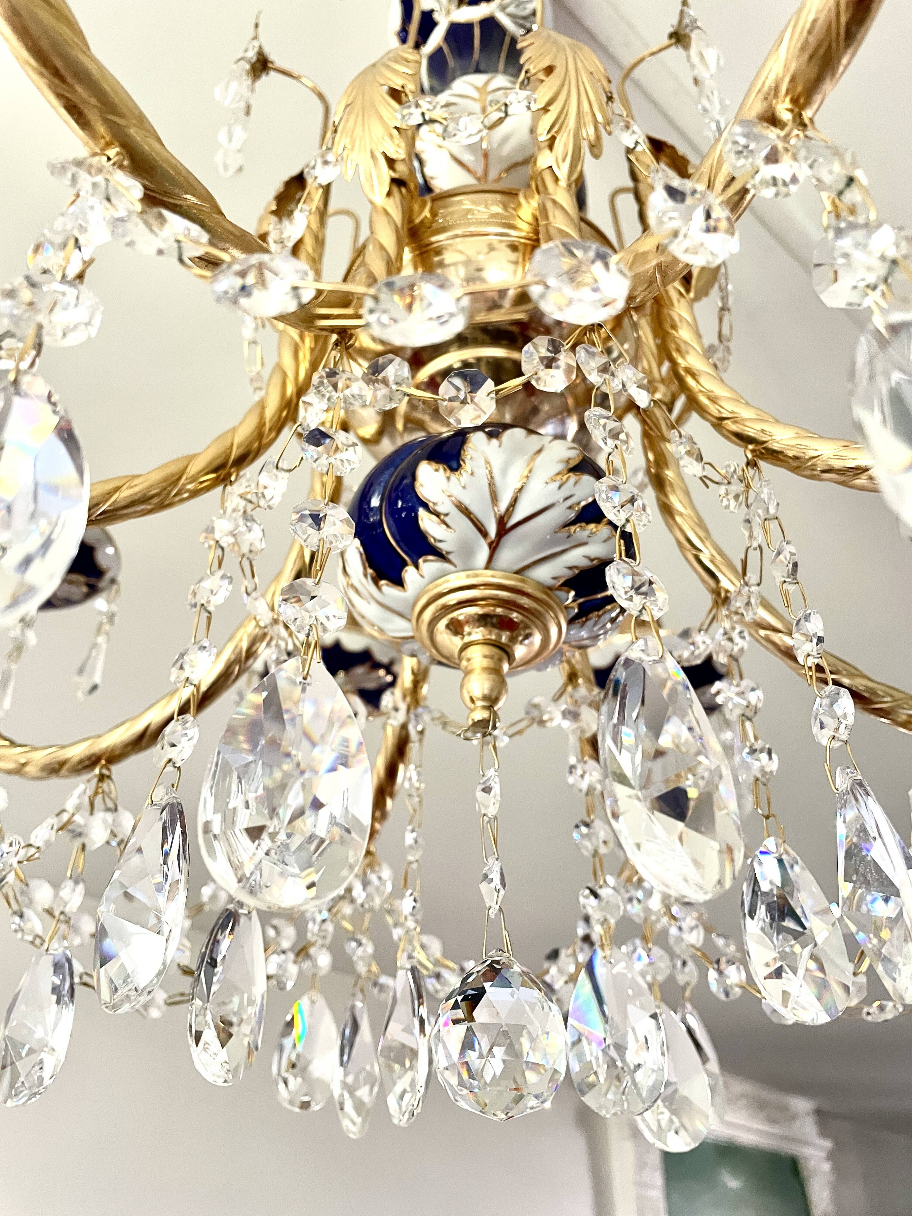 Large Russian chandelier in blue ceramic and crystal pendants, mid-20th century