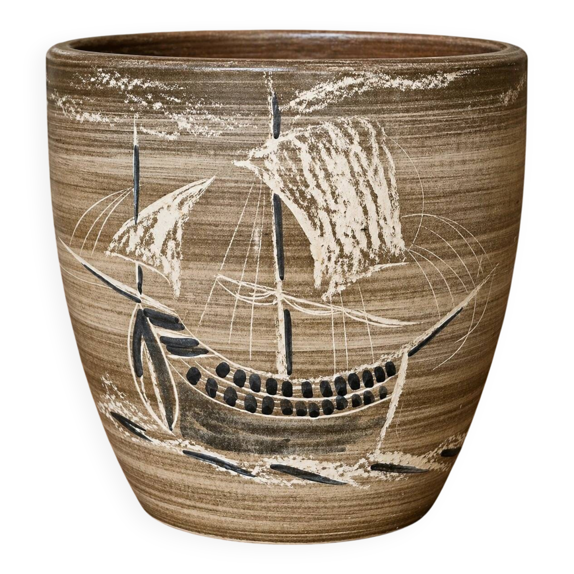 Ceramic cache-pot signed Millet – sailboat decoration – artwork – 20th century