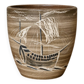 Cache-pot en céramique signée Millet – décor voilier – travail d'art – XXe