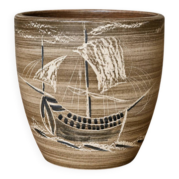 Ceramic cache-pot signed Millet – sailboat decoration – artwork – 20th century
