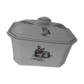 Plat forme terrine boite rectangulaire porcelaine Deshoulières décor animalier Limoges