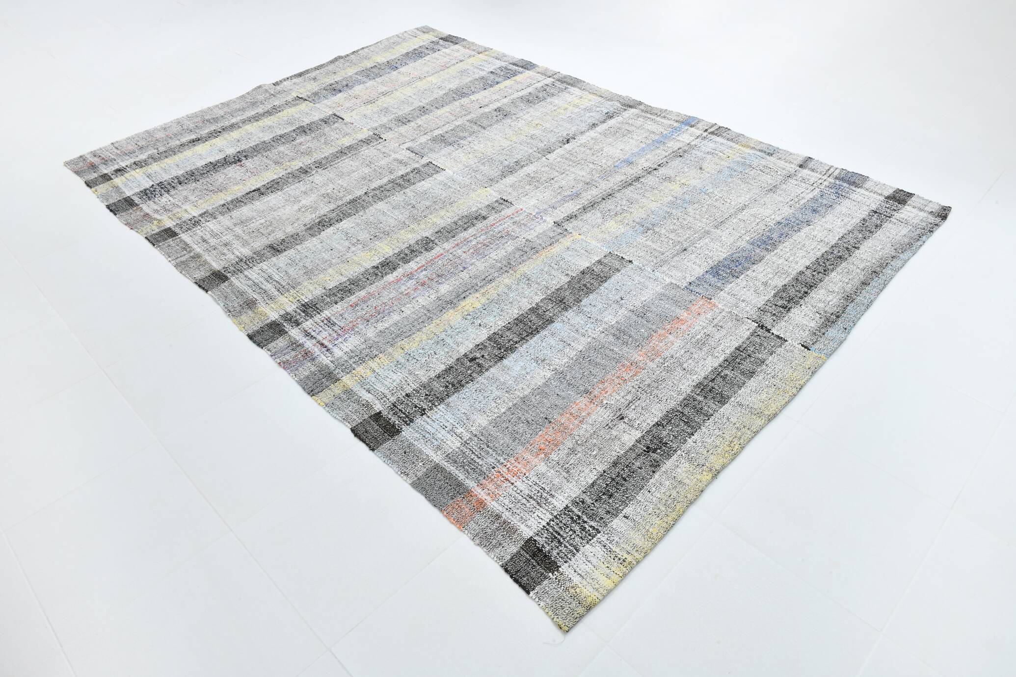 7x10 Yellow Black Striped Vintage Rug, 220x304Cm