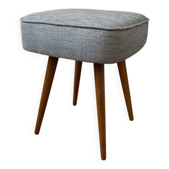 Vintage Footstool: Mid Century Modern Grey Fabric and Wood Legs