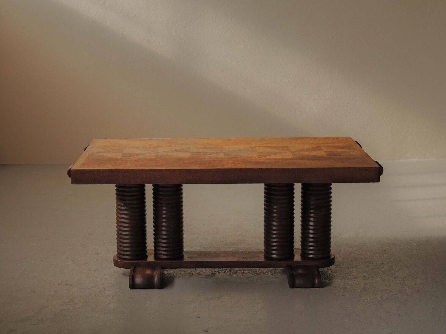 Solid oak table with marquetry, France, circa 1940.