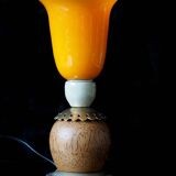 Orange glass ball lamp with wood