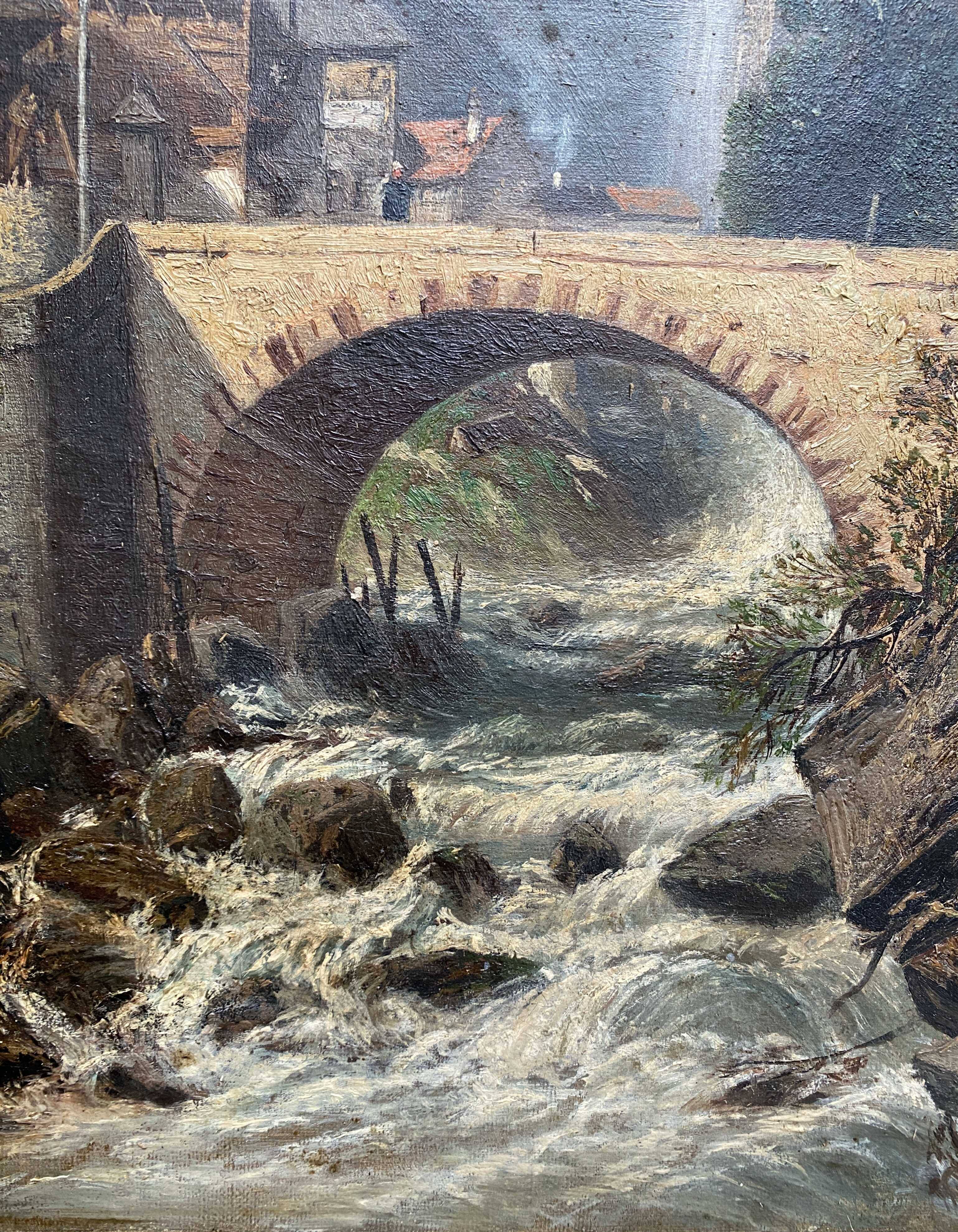 19th century HST painting "lively mountain village with torrent and waterfall"