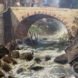 19th century HST painting "lively mountain village with torrent and waterfall"