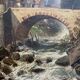 19th century HST painting "lively mountain village with torrent and waterfall"