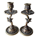 Old German bronze candle holders signed initial LR rocaille style XIXth vintage gilded