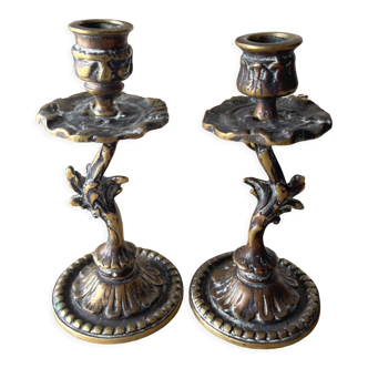 Old German bronze candle holders signed initial LR rocaille style XIXth vintage gilded