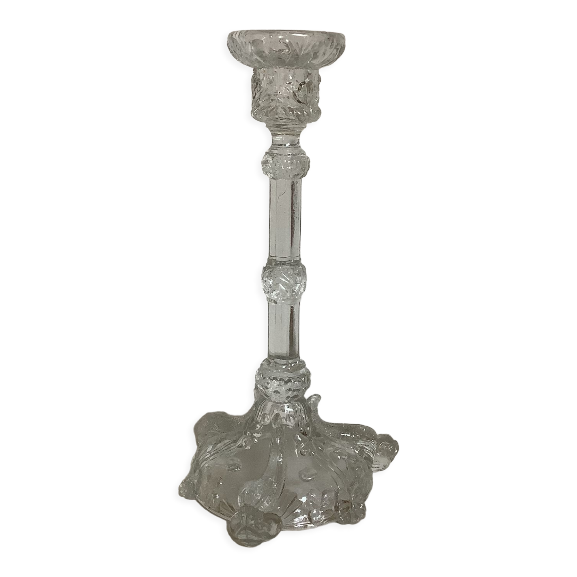 Molded glass candle holder thick fish and flowers