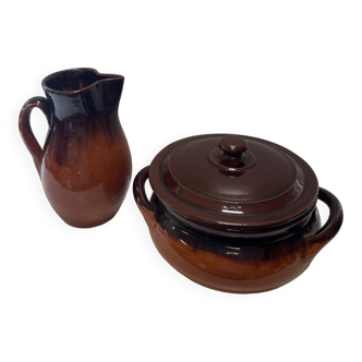 SALERNES enamelled terracotta pot and pitcher 1950