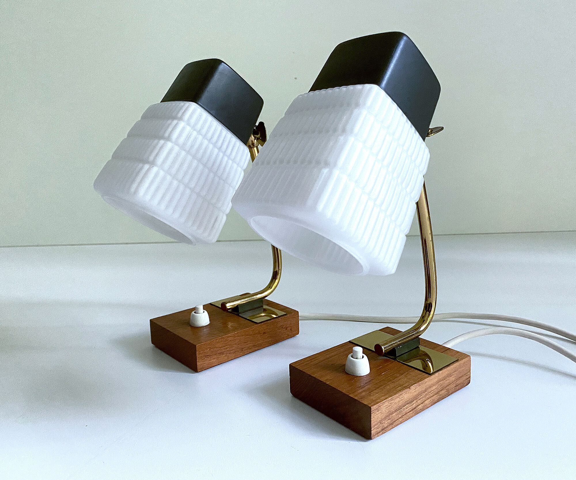 Pair of vintage Scandinavian lamps, teak and glass, 60s