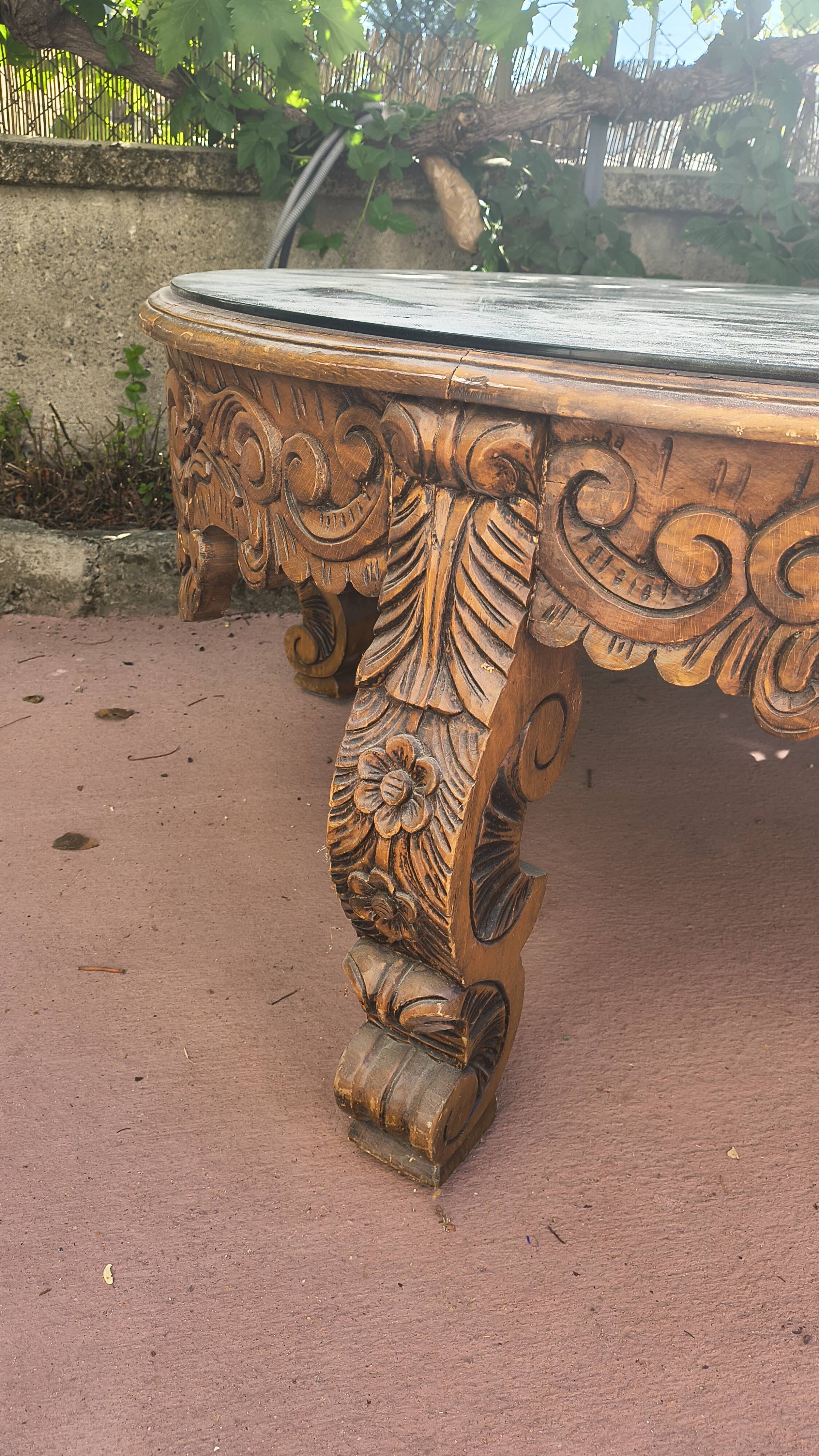 Large vintage Moroccan table – hand-carved solid wood – 1983