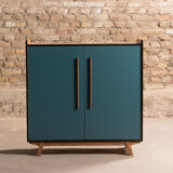 Vintage low sideboard restyled in blue with 2 swing doors and wooden base