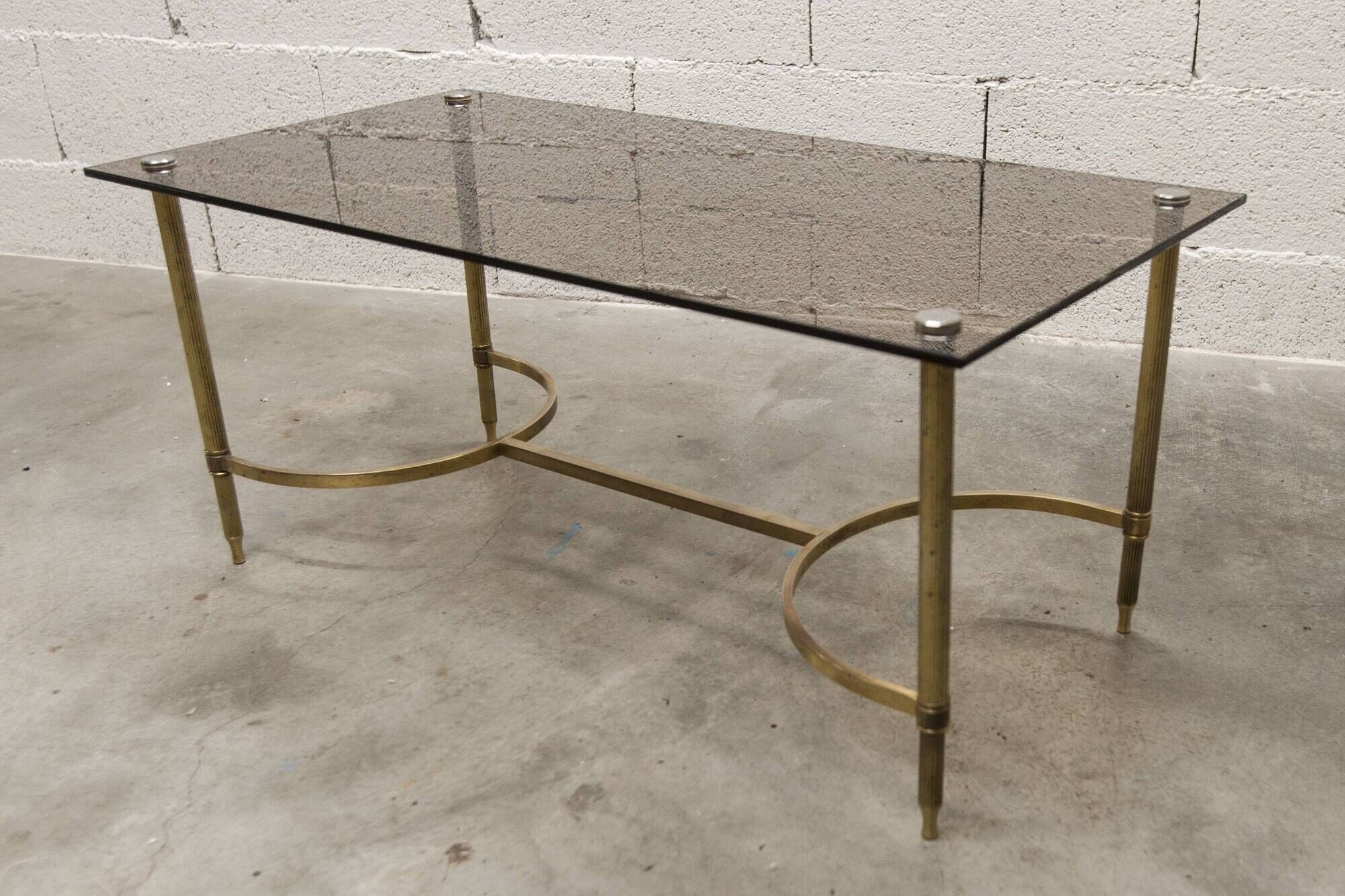 Gold brass coffee table with smoked glass 1970