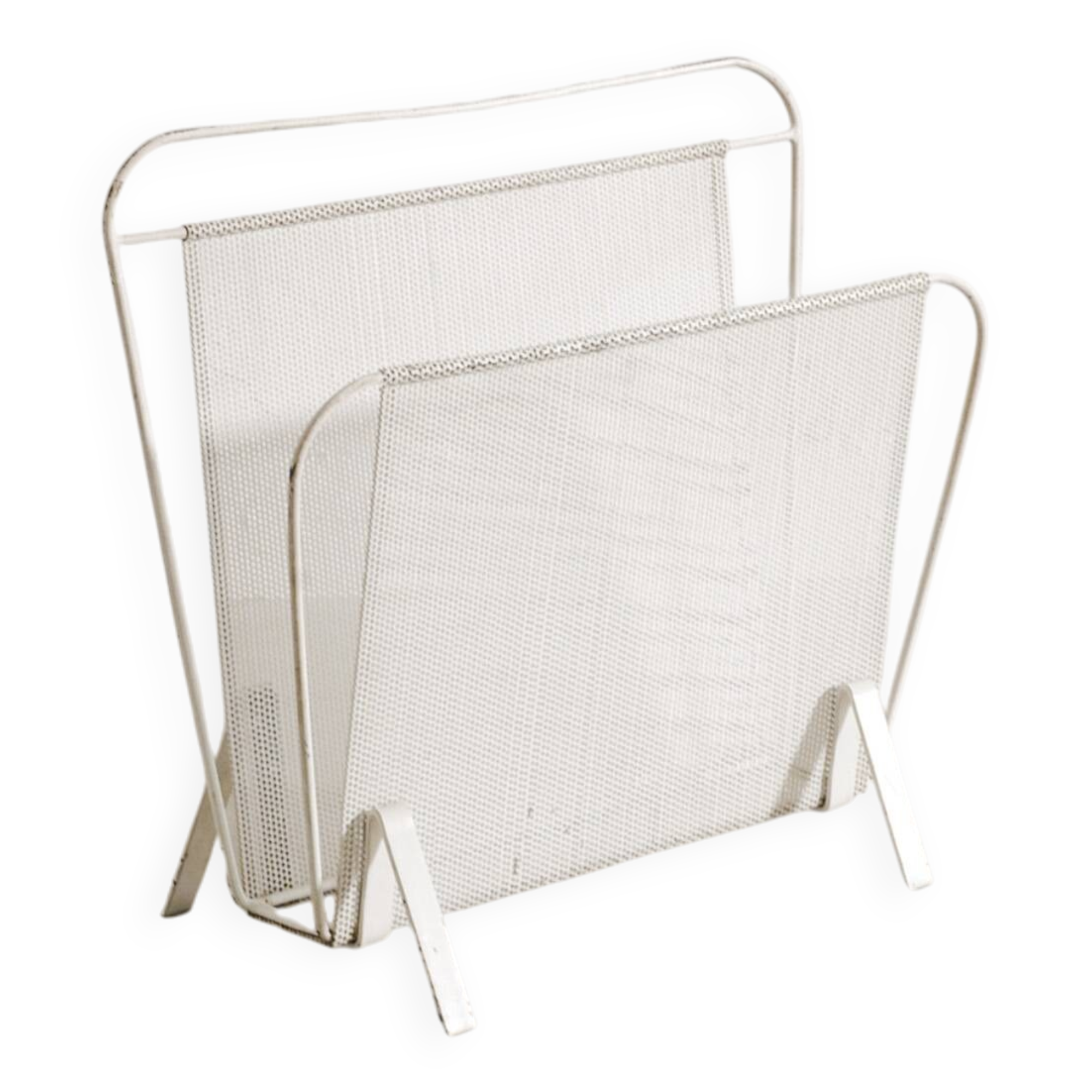Vintage French Mid Century Mathieu Matégot White Metal Magazine Rack, 1950s
