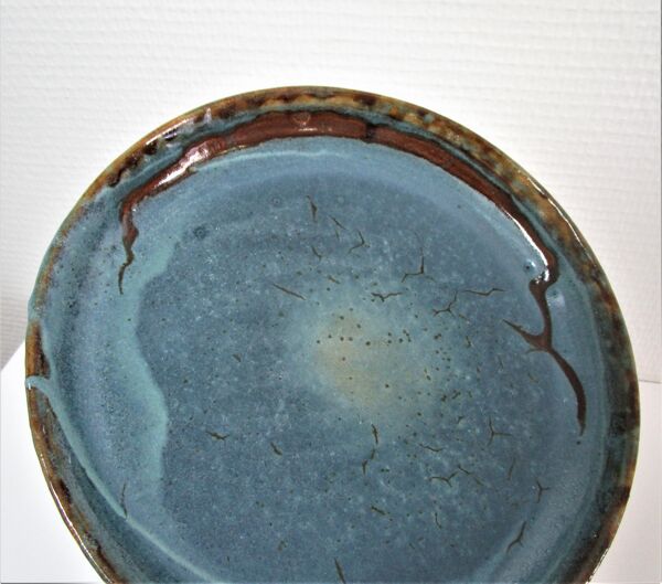 Bol et plat rond céramique émaillée bleu vert brun vintage signé vintage