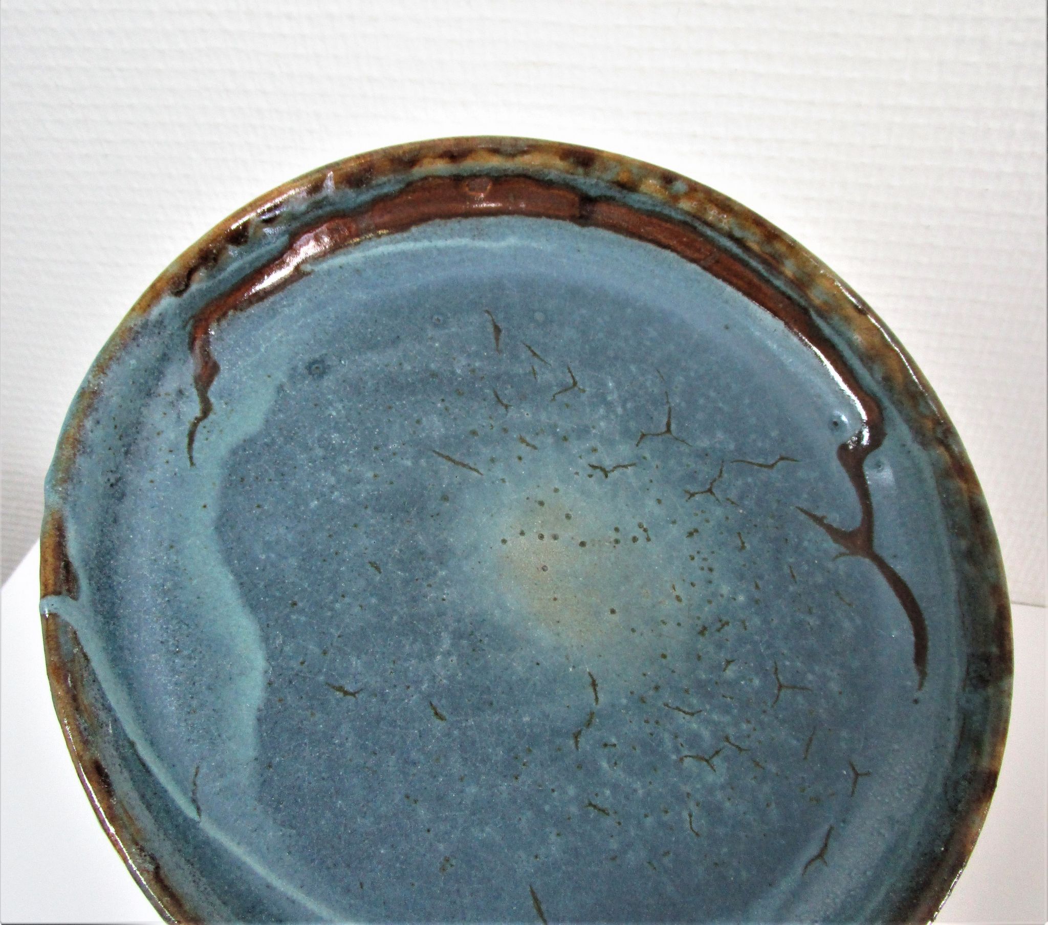 Bowl and round ceramic dish enamelled blue green brown vintage signed vintage