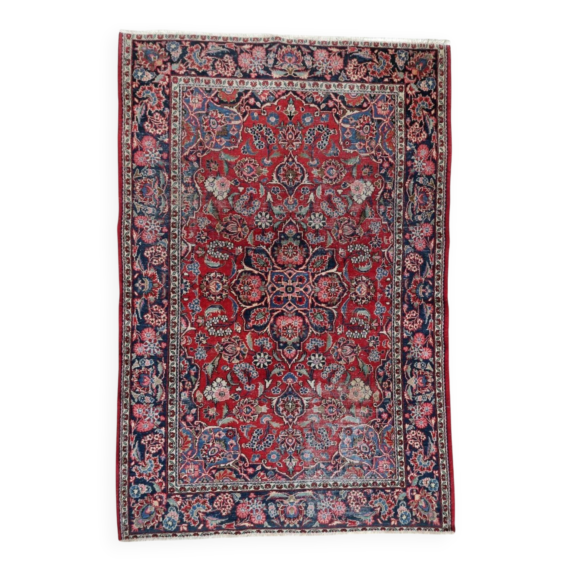 Handmade 1920s Persian Kashan rug 134 x 208 cm - deep ruby & indigo (1C1194)