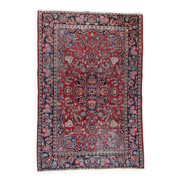 Tapis persan Kashan fait main des années 1920 134 x 208 cm - rubis profond et indigo (1C1194)