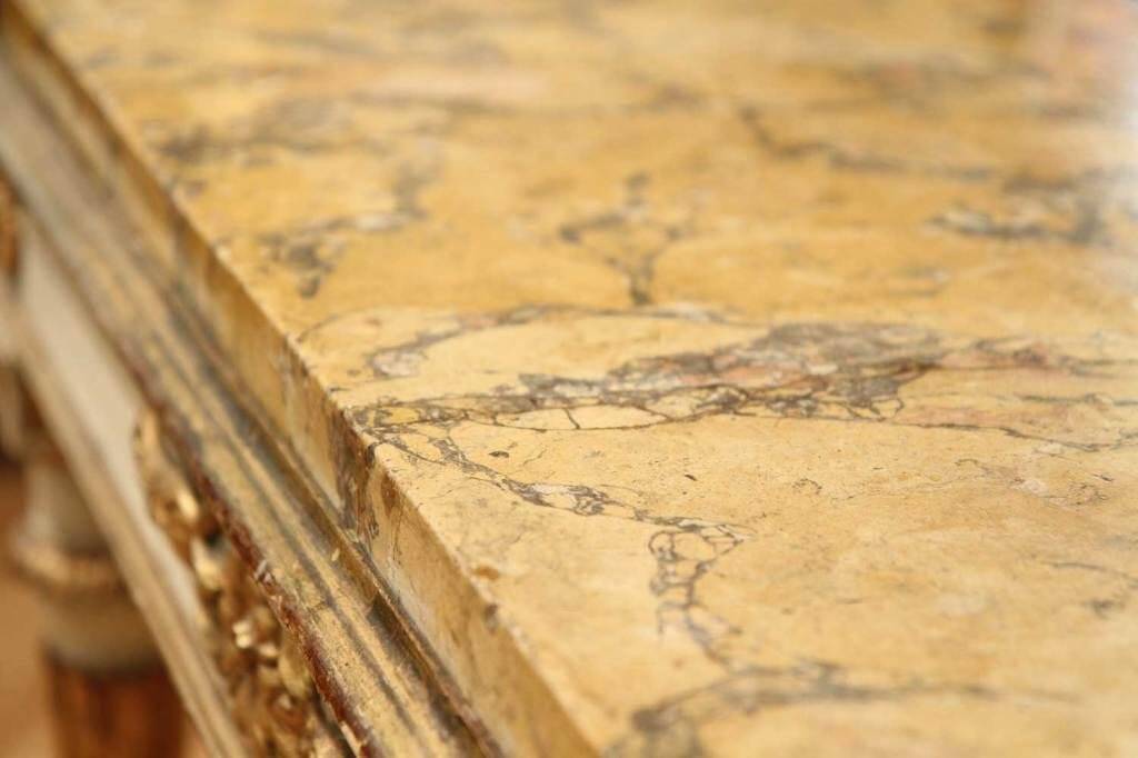 Italian Louis XVI White Lacquer and Giltwood Console with Scagliola Siena Marble Top