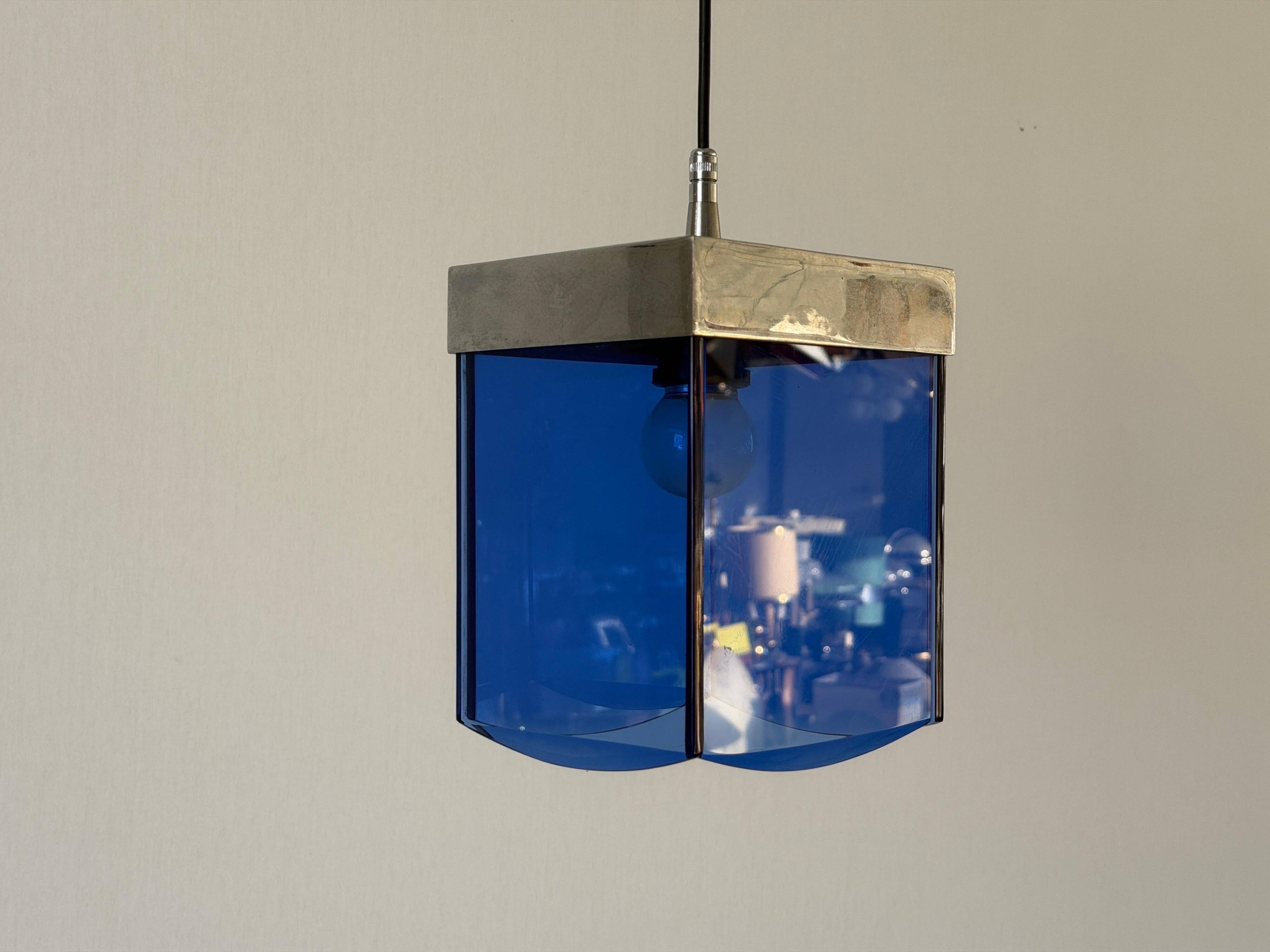 Art Deco ceiling light in blue glass and chrome, 1950s, Italy