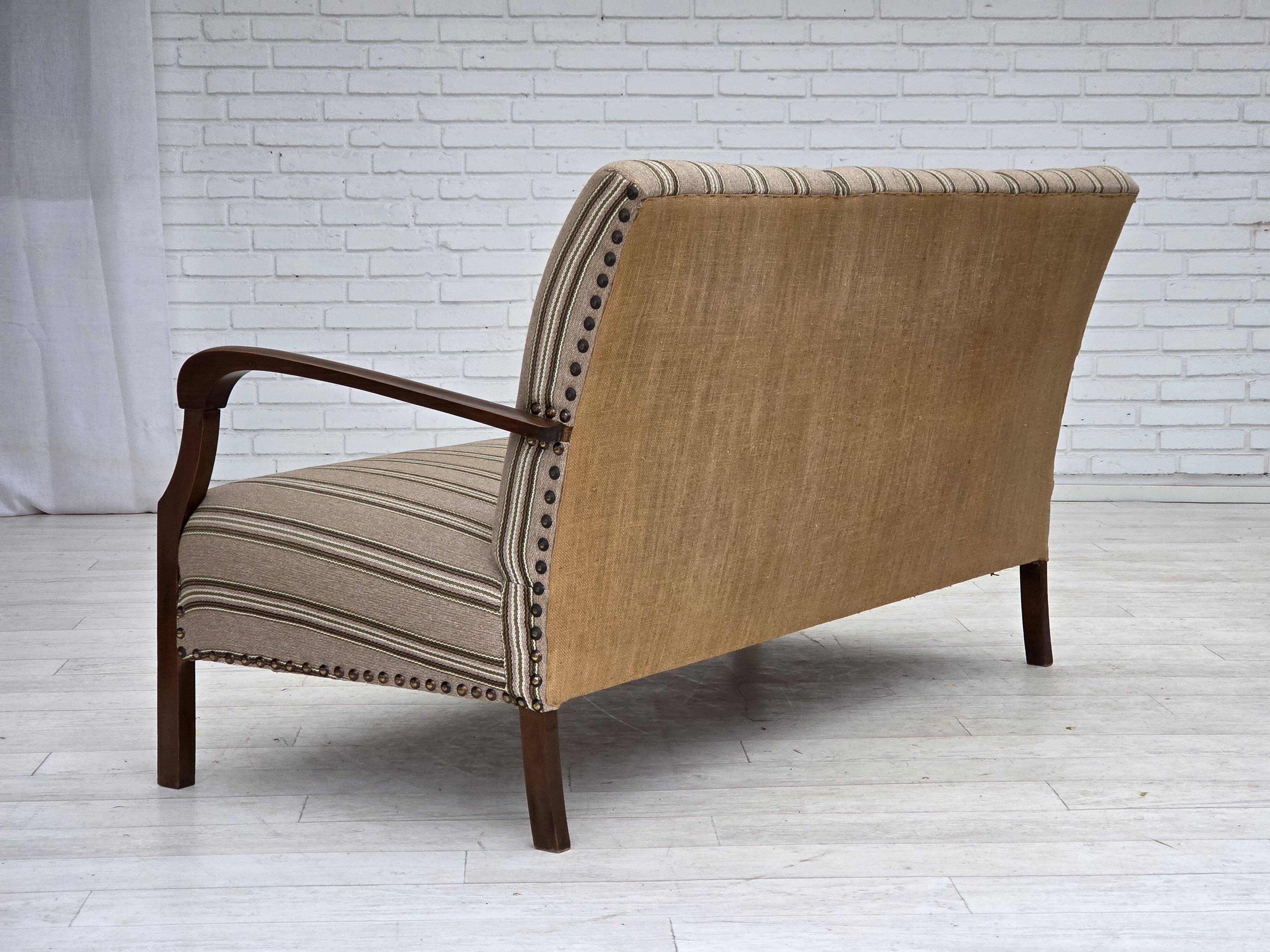 1950s, Danish 2-seater sofa, beige furniture wool fabric, beech wood legs.