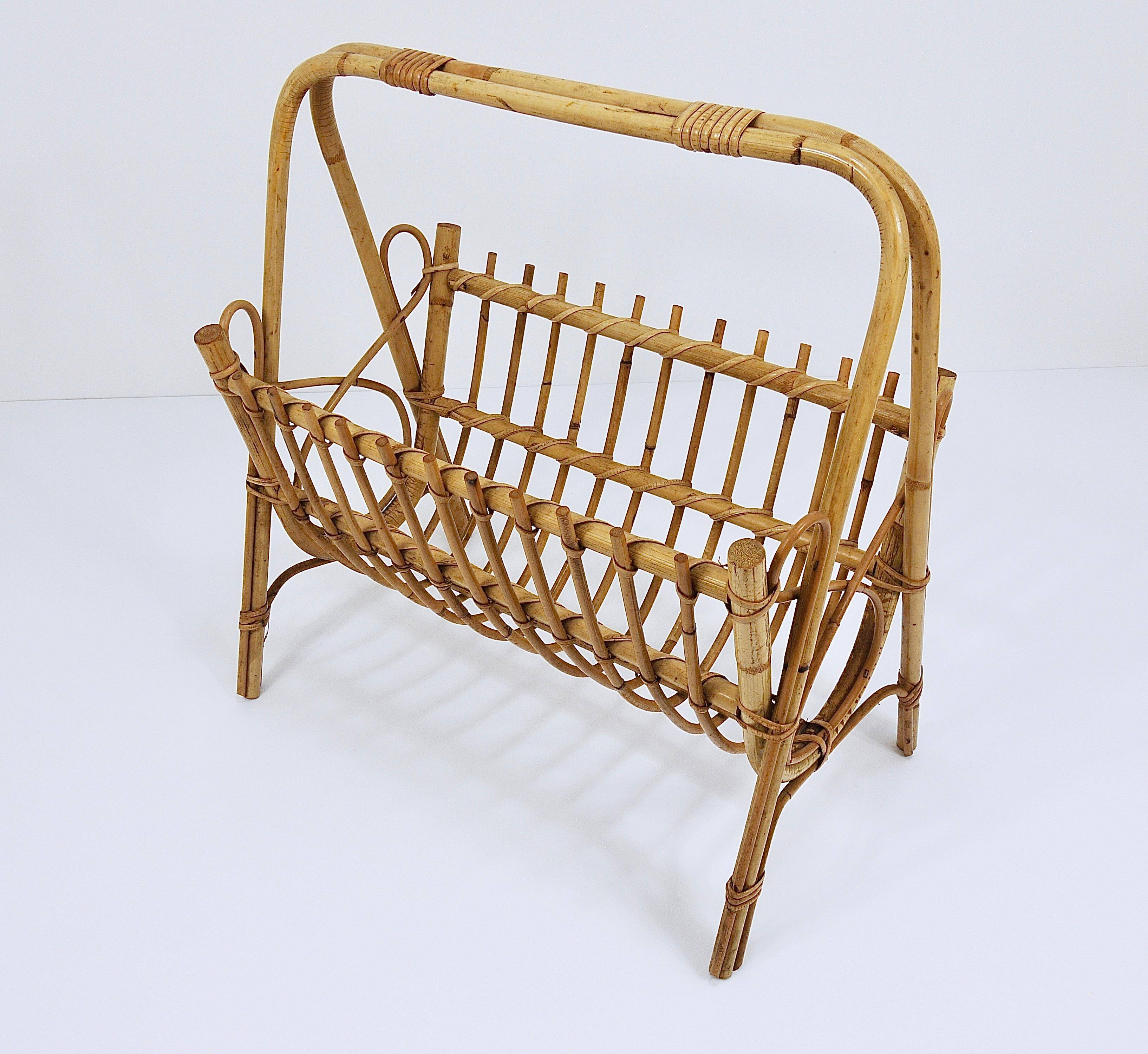 Bamboo and rattan magazine rack in the style of Franco Albini, Italy, 1950s.