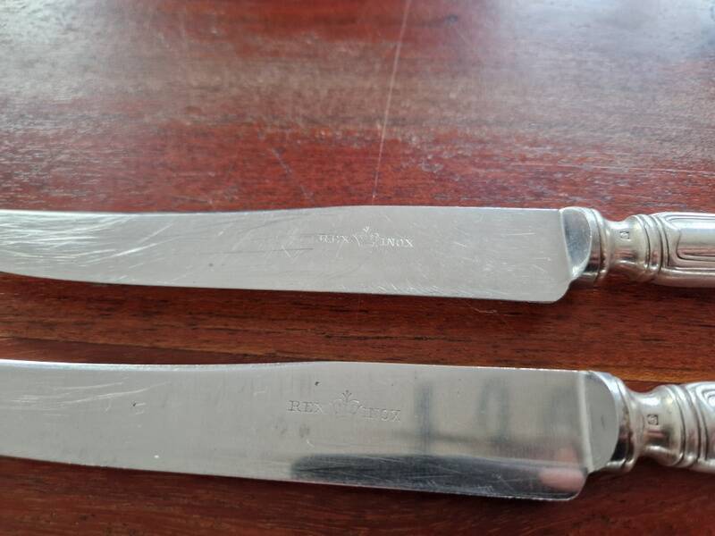REX - Lot of 4 table knives model Chinon with silver-plated metal contour.