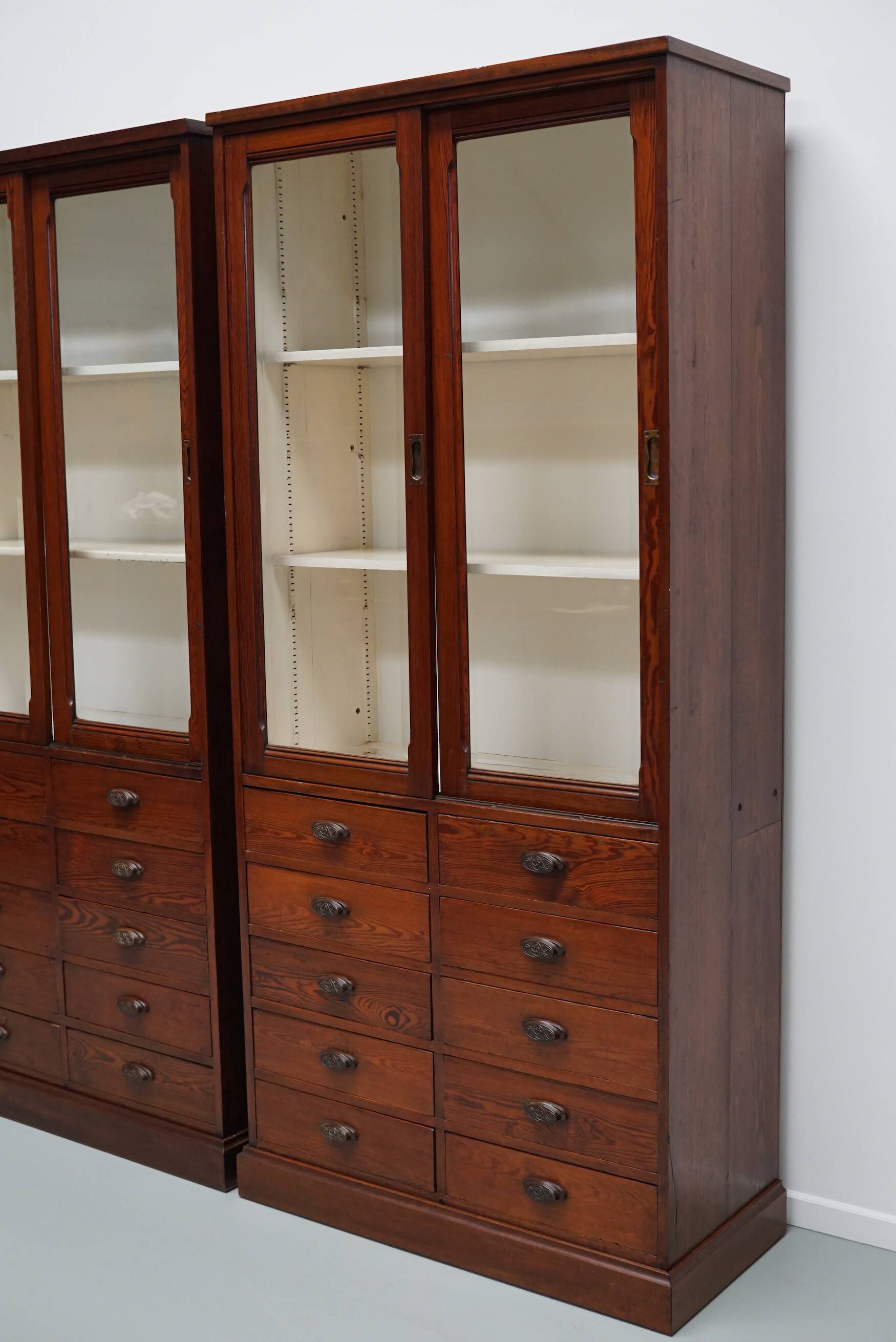 Large Antique Belgian Pitch Pine Apothecary Shop Cabinet / Vitrine, ca 1900