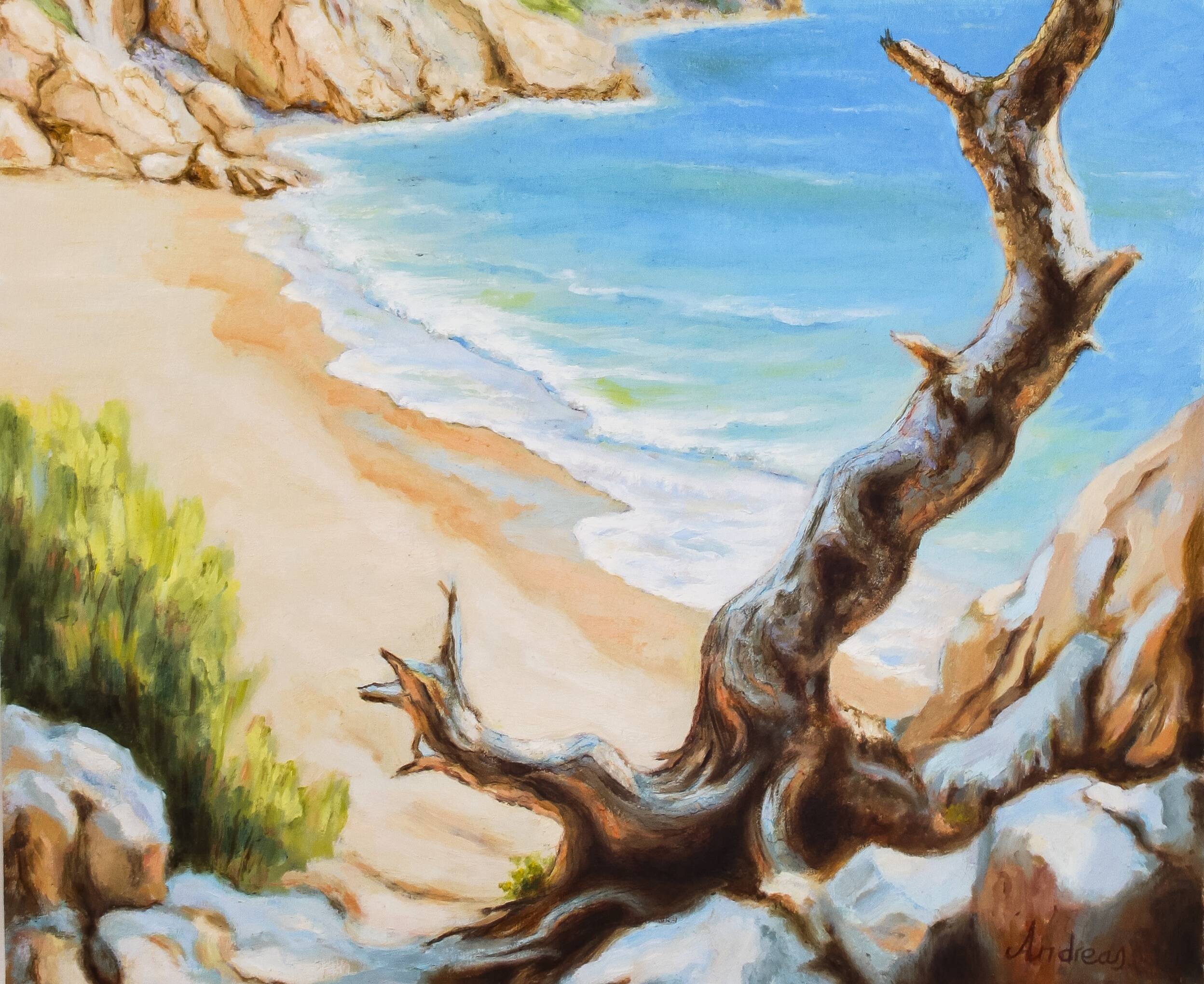 Oil painting of a beach signed. Sea in oil signed. Painting of a beach.
