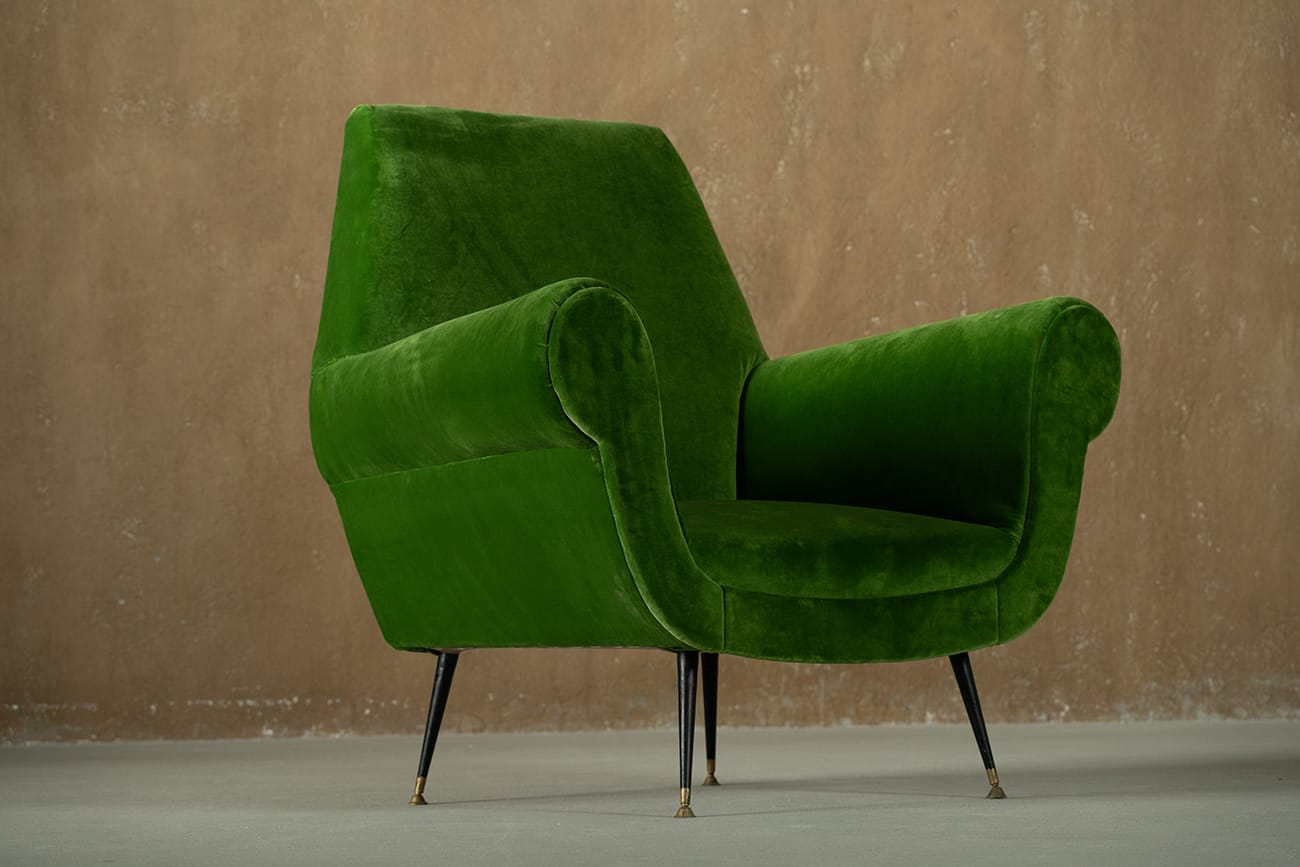 Green velvet armchairs by Gigi Radice, Italy 1950s set of 2