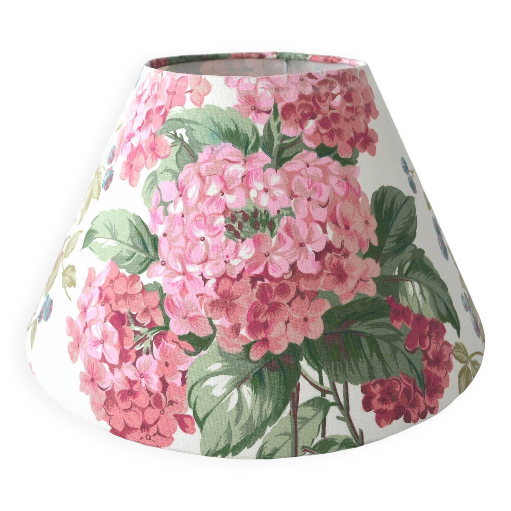 Abat-jour motif hortensias, fleurs cottage anglais,  tissu vintage