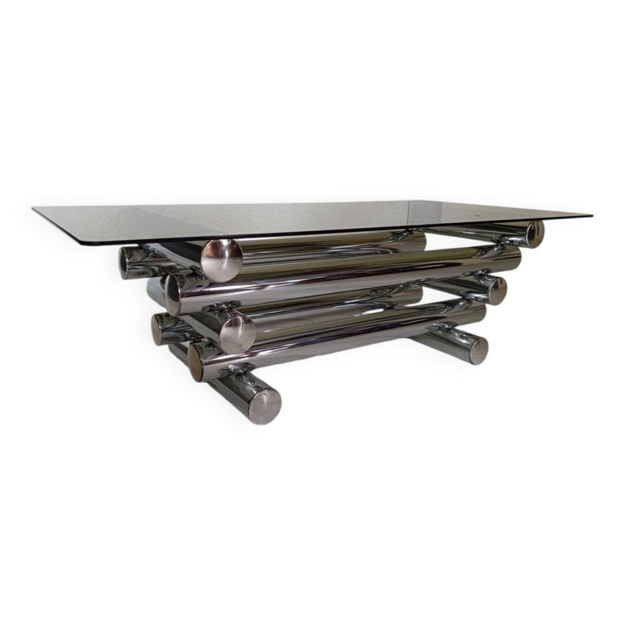 Table basse en métal chromé et verre fumé, années 70