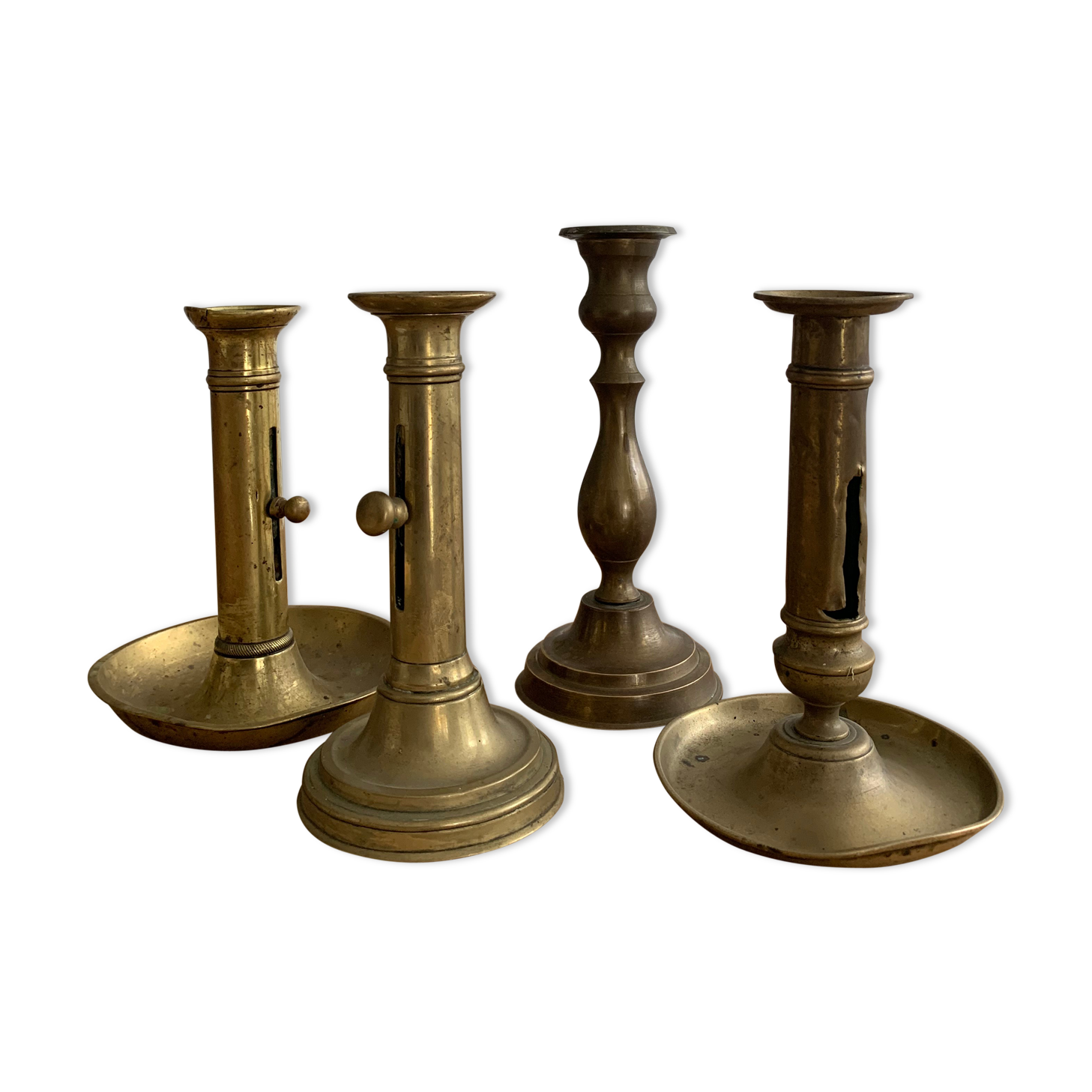 Set 4 vintage brass candlesticks patinated