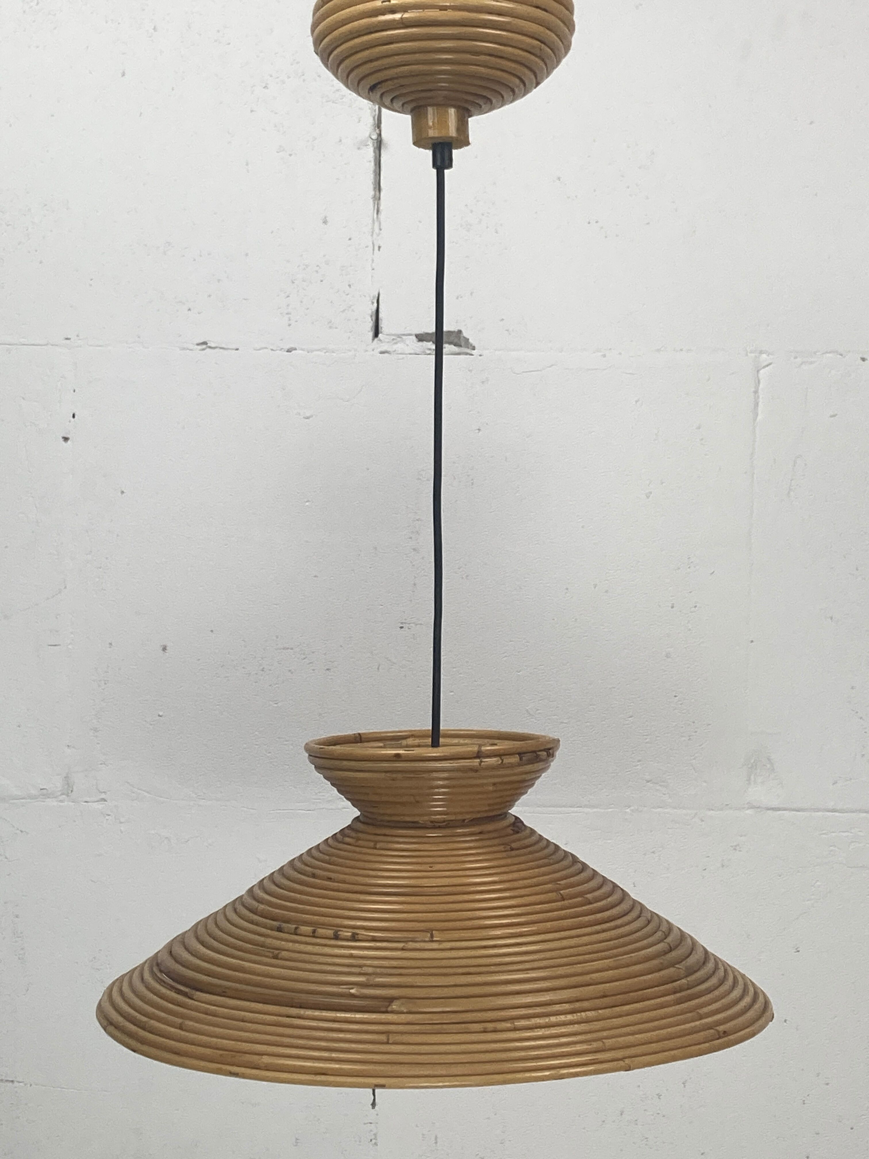 Pencil Split Reed Rattan Bamboo Pendant Lamp, Italy 1970s