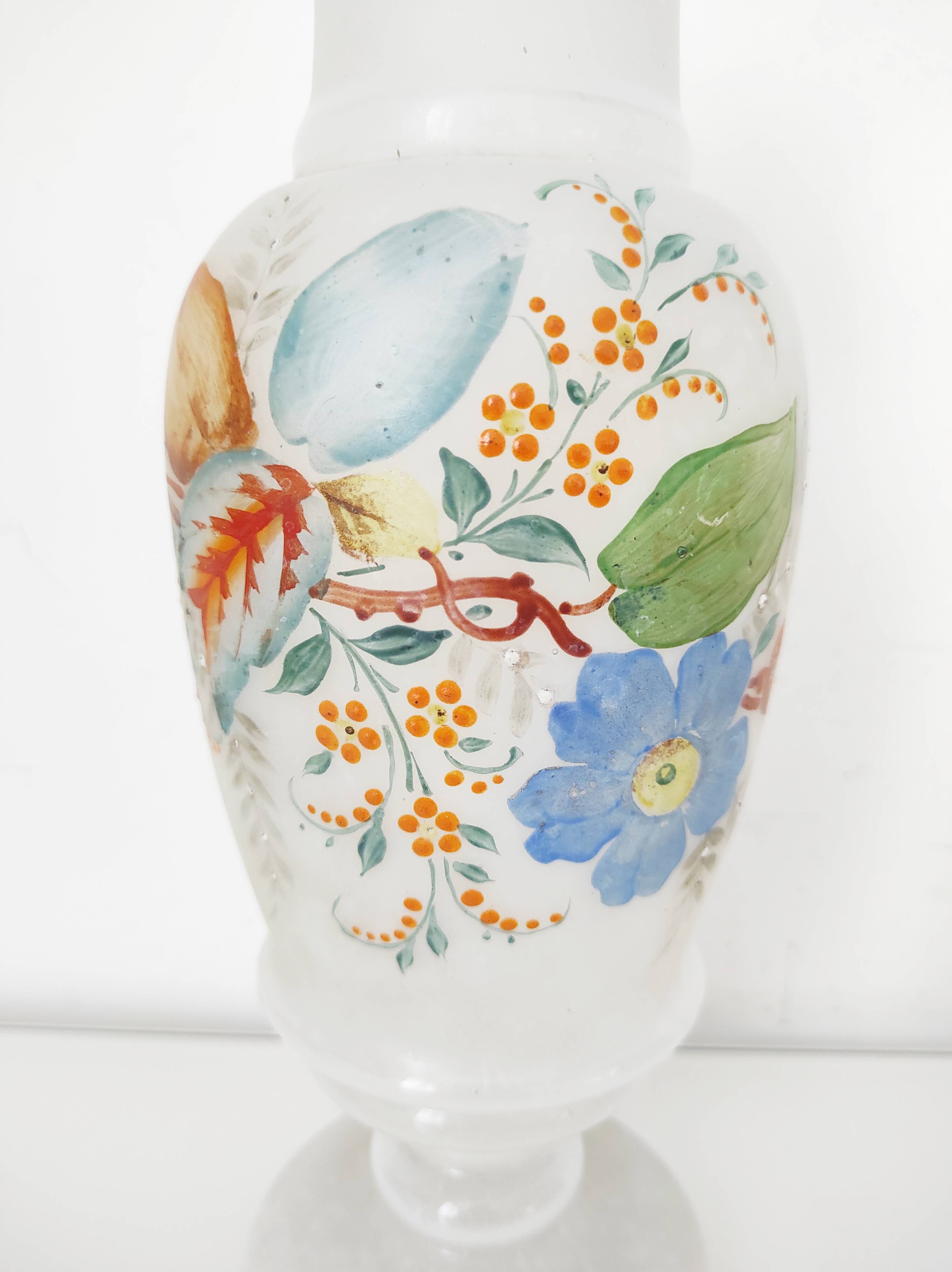 Opaline glass vase with hand-painted flowers, 1900