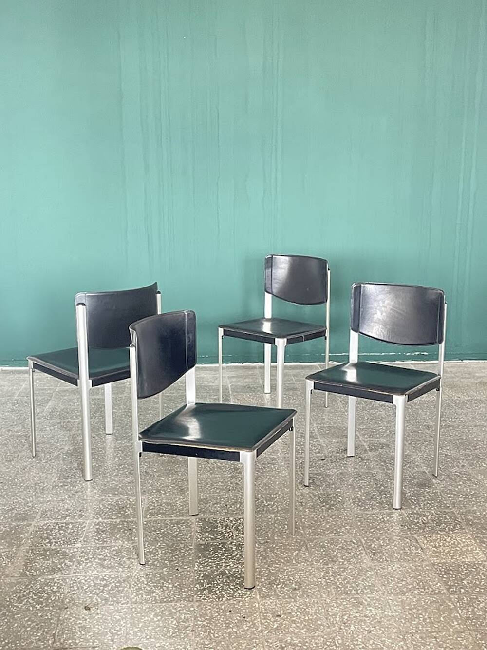 Set of 4 Matteo Grassi Postmodern Black Leather Dining Chairs, Italy, 1980s