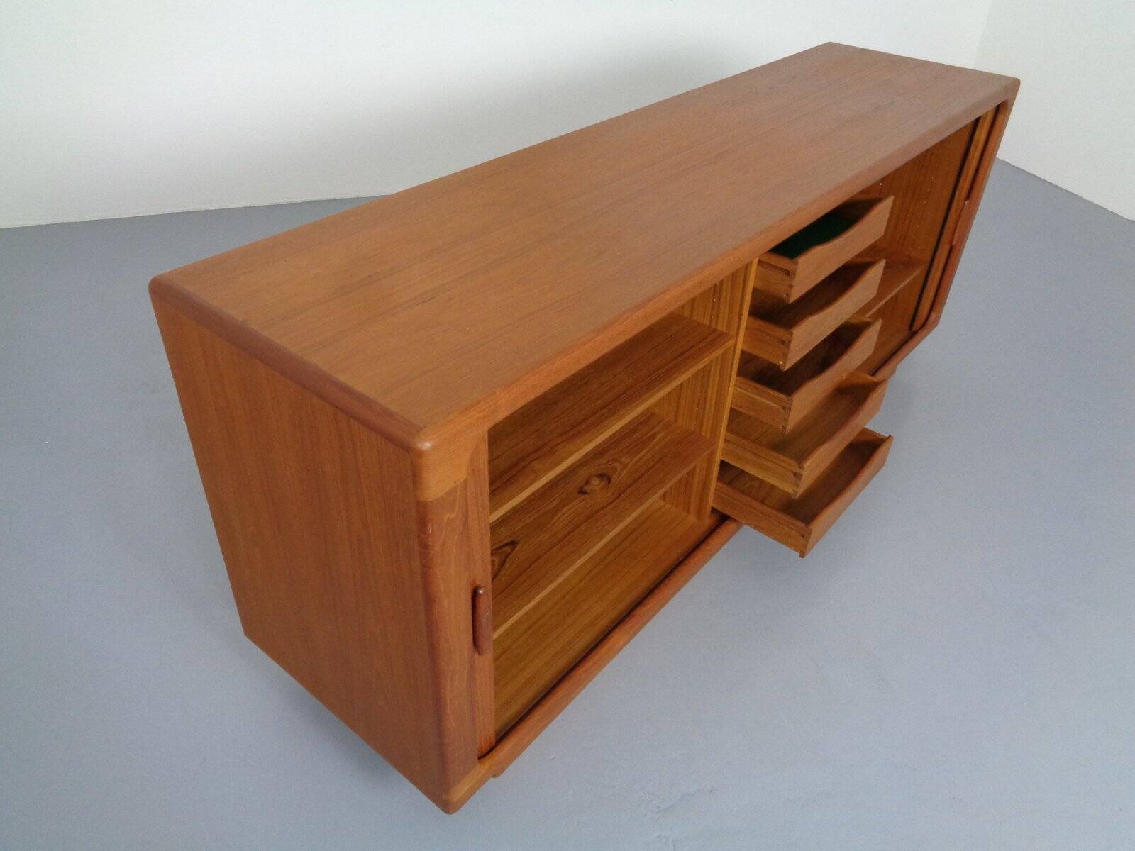 Large teak tambour sideboard from Dyrlund, Denmark, 1970s.