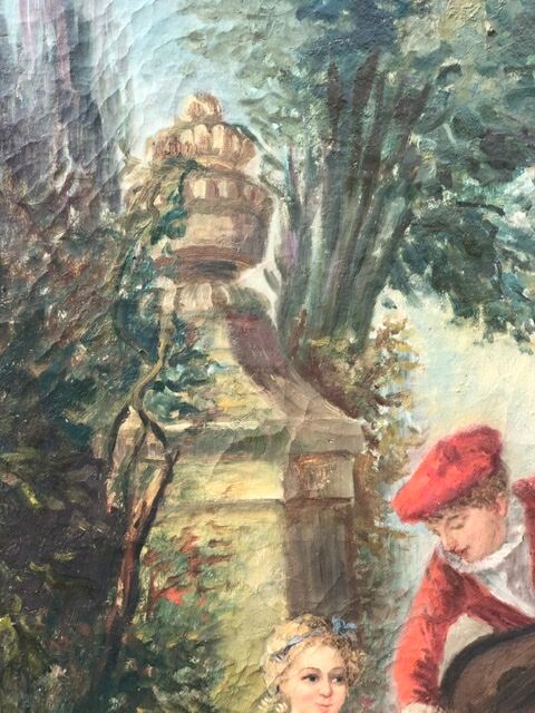 Trumeau mirror painting scene gallant gilded wood